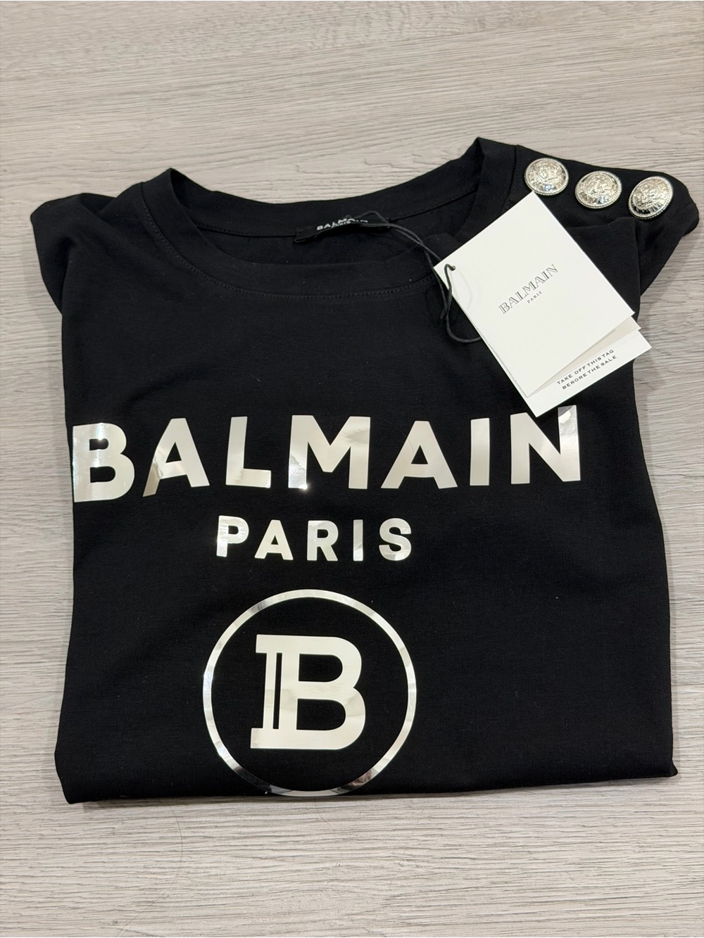 Balmain Women Black T-Shirt with Silver Logo and Buttons
